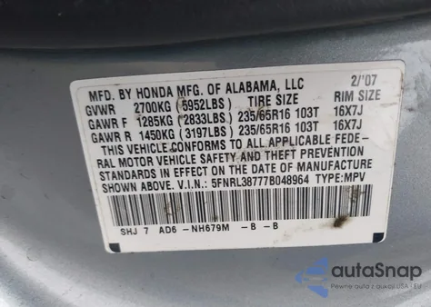 2007 Honda Odyssey Exl z USA, uszkodzony, nr VIN 5FNRL38777B048964